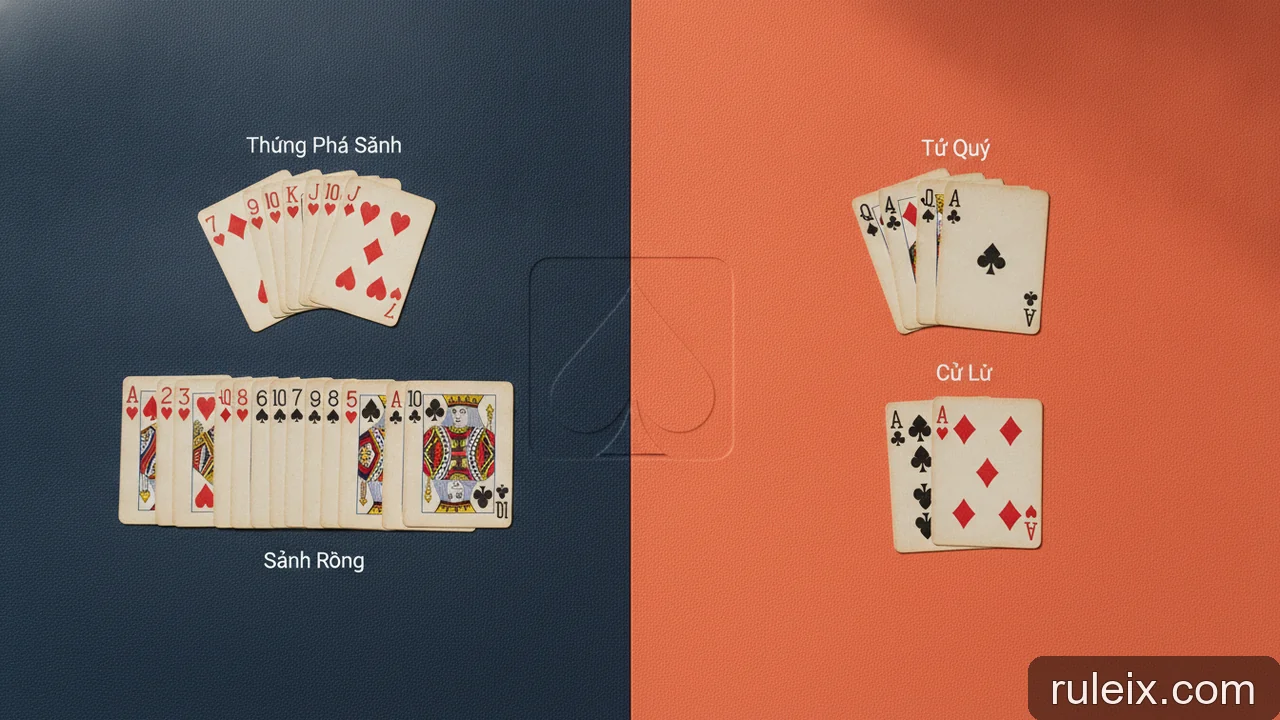 Minh họa: Các bộ bài đặc biệt trong Mậu Binh: Sảnh Rồng, Thùng Phá Sảnh, Tứ Quý và Cù Lũ