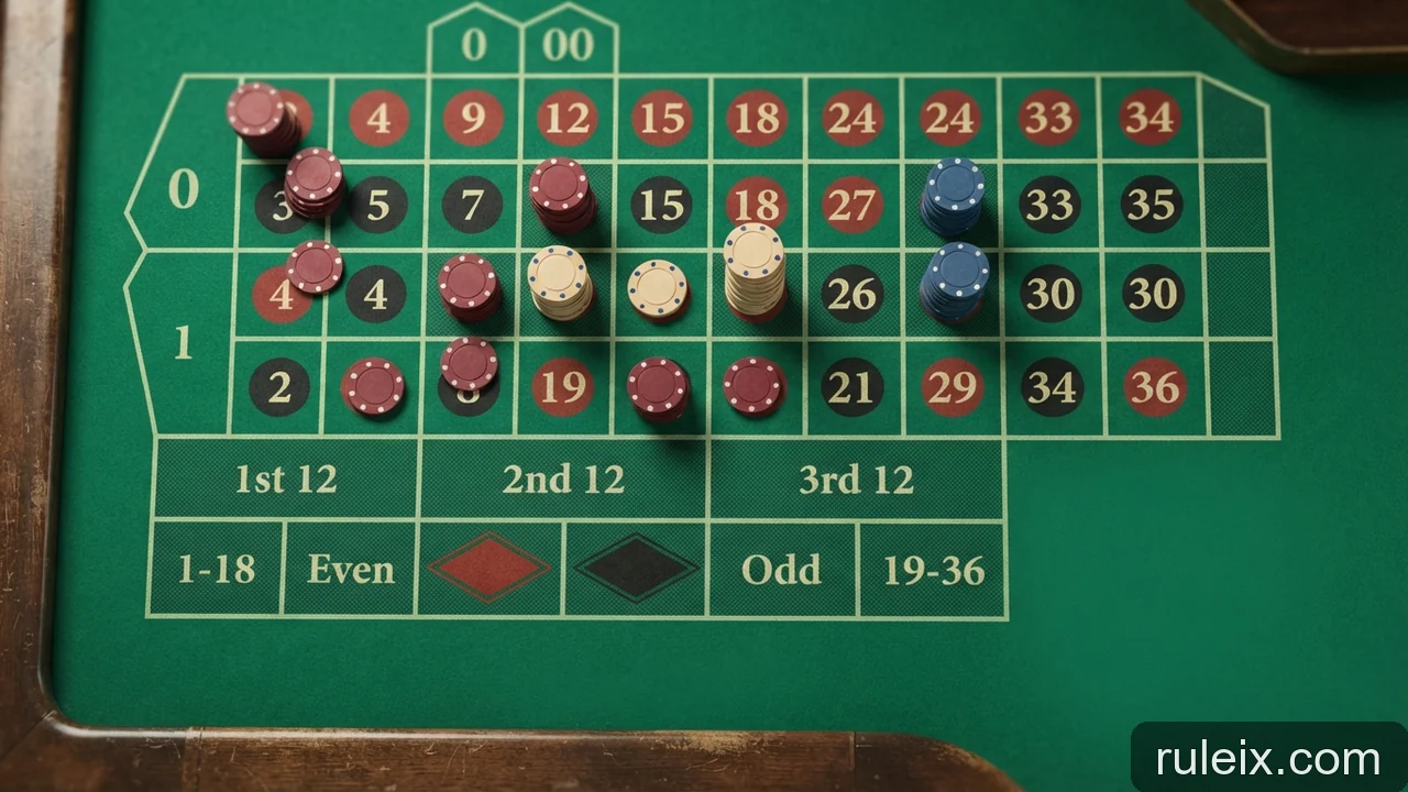 Minh họa: Cược theo hàng, cược góc và cược góc phần tư trong roulette khác nhau thế nào?