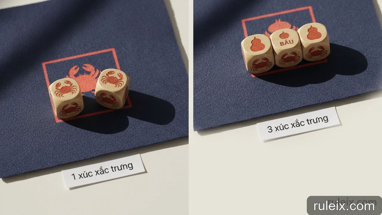 Minh họa: Giải thích tỷ lệ trả thưởng Bầu Cua theo số lượng xúc xắc trùng