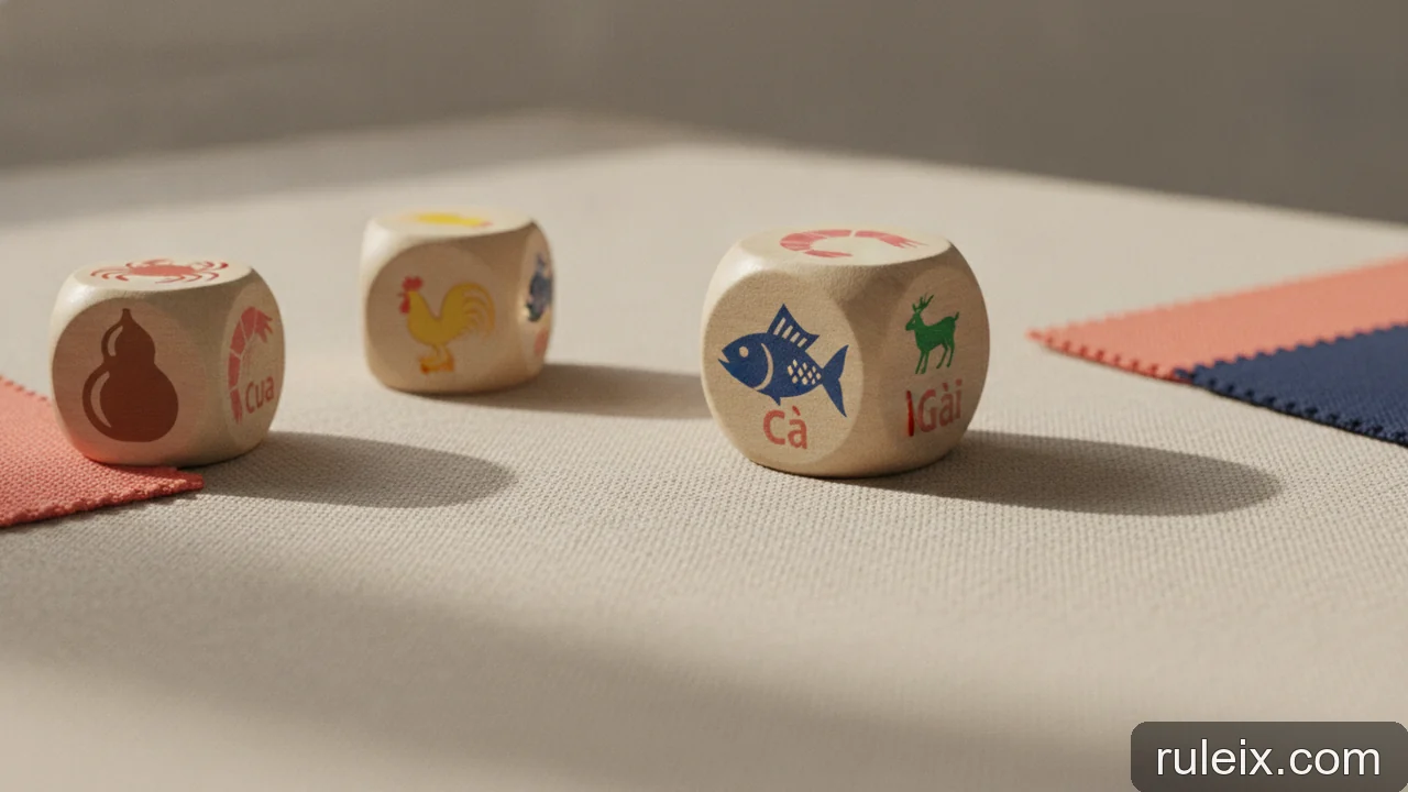 Minh họa: Hoo Hey How dice game: Giải thích các viên xúc xắc và mặt hiển thị